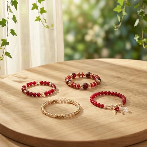Bohemian Bracelet Sets for Women - 4-Pack Stackable Stretch Bead Bracelets with Black＆White Crystal & Gold Accessories, Multi-Layer Boho Jewelry - color: red