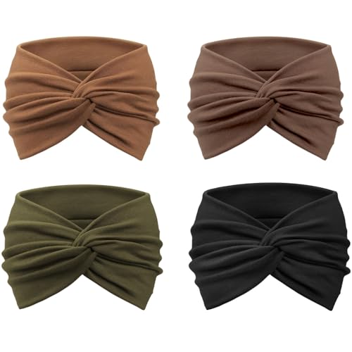 AQOKKA Extra Wide Headbands for Women Large Turban Headband Non Slip Boho Elastic Hairband Hair Twisted Knot Head Bands Accessories - color: 4 Pcs: Black, Olive, Drak Coffee, Brown