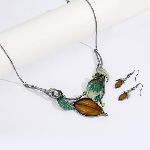 Vintage Chunky Statement Jewelry Set Retro Leaf Floral Geometric Bohemian Boho Bib Necklace Earring Set Fashion Costume Jewelry for Women Girls Wedding Party Prom Unique Gift - style: leaf resin JS black yellow-green