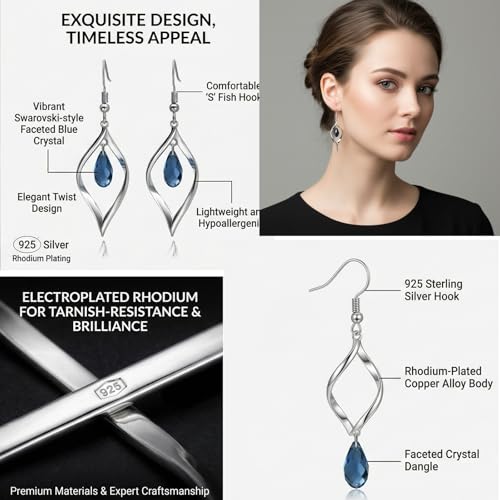 Rhodium Plate 925 Sterling Silver Hook Twist Leaf Holiday Hypoallergenic Dangle Earrings for Women Gifts Engagement Wedding with Austrian Daiamond Cut Waterdrop Crystal Hight Polished Long :1.9 IN - color: dark blue cryal