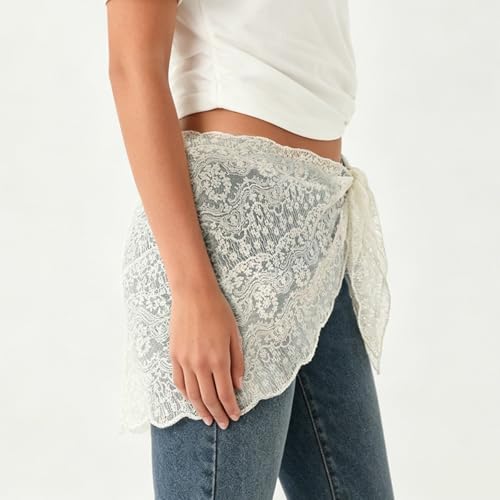 Women Y2K Lace Fringe Hip Scarf Boho Triangle Tassel Waist Cover Up Skirt Wrap Sheer Tie Belt Aesthetic Streetwear - color: I White