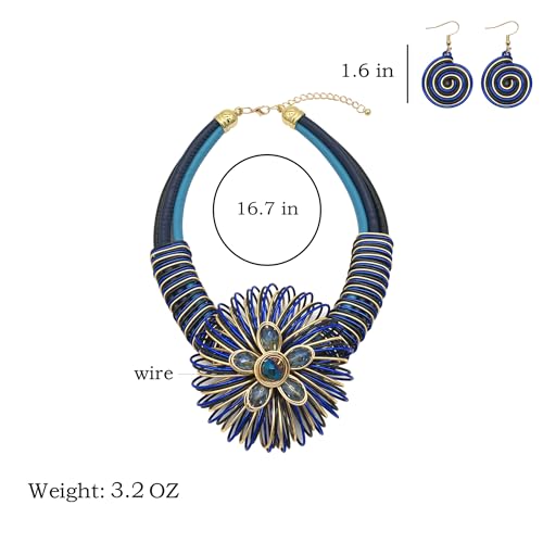 Statement African Necklace For Women African Jewelry Costume Earring Sets Tribal Fashion Colorful Big Rhinestone Crystal Pendent Collar Choker Bold Chunky Bib Handmade - color: Flower blue