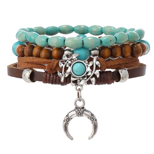 Western Turquoise Beaded Bracelet Stack - Vintage Cowgirl Stretch Set with Bull Skull, Feather & Boot Charms, Handmade Boho Jewelry for Rodeo, Country Concerts & Casual Western Outfits - style: Leaf