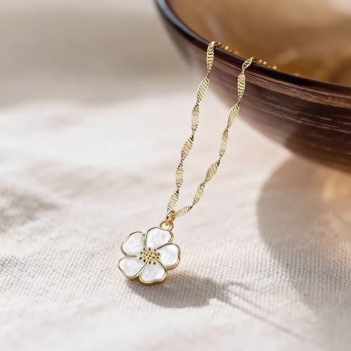 Gold Necklace for Women, Dainty White Enamel Sakura Flower Cherry Blossom Pendant, 18K Gold Plated Sparkly Jewelry Gifts for Her