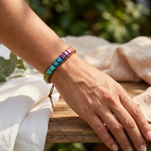 YGLINE Boho Handmade Wrap Leather Tube Crystal Stone Bracelet for Women - color: Chakra Cube 2