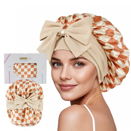 ZIMASILK 100% Mulberry Silk Bonnet for Sleeping Women Long Hair Double Layer Silk Hair Wrap with Tie Band Stay On Head (1Pc, Checkered) - color: Checkered
