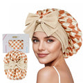 ZIMASILK 100% Mulberry Silk Bonnet for Sleeping Women Long Hair Double Layer Silk Hair Wrap with Tie Band Stay On Head (1Pc, Checkered) - color: Checkered