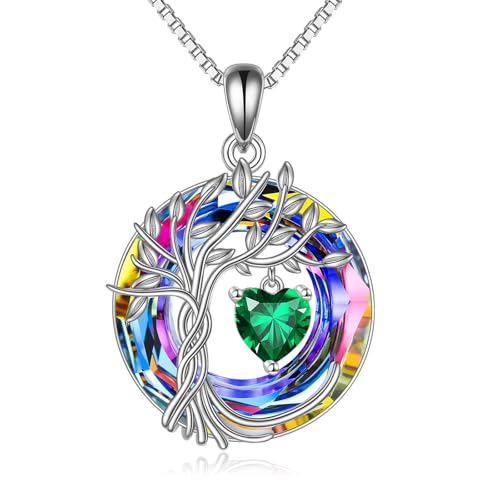 POPLYKE Mothers Day Gifts for Mom Her Wife Tree of Life Necklace 925 Sterling Silver Birthstone Pendant with Crystal Anniversary Birthday Wedding Jewelry for Women - color: 05-May-Emerald, style: White Gold Plated-Volcano Crystal