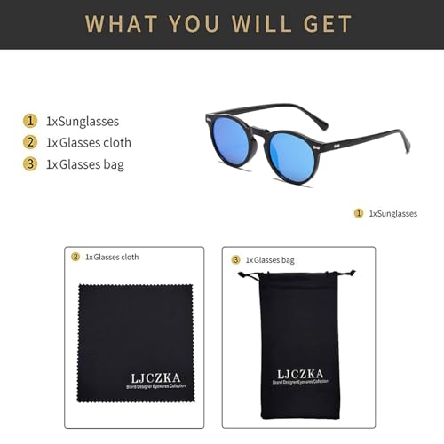 LJCZKA Round Polarized Sunglasses for Men Women Retro Small Face Sunglasses Polarized Vintage Sun Glasses UV400 Protection - color: Black Blue(mirrored)