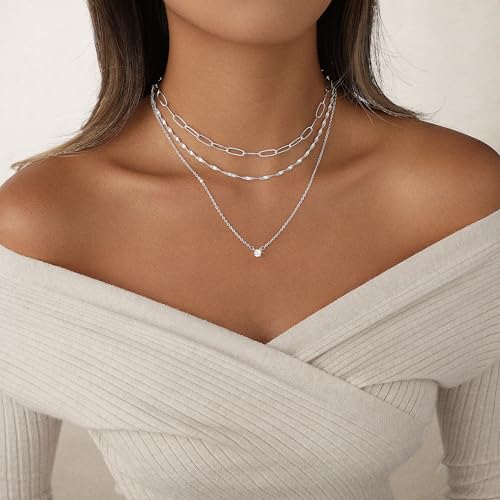 Layered Gold Necklace for Women Trendy 14K Gold Plated Heart CZ Pendant Layered Gold Necklaces Set Coin Choker Necklaces Simple Circle Cubic Zirconia Pearl Necklace Stack Herringbone Paperclip Chain Jewelry Set - style: 3PCS-Paperclip chain zircon-SL