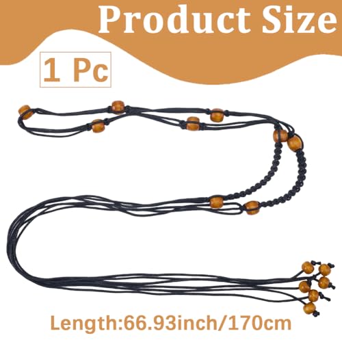 CRASPIRE Beaded Rope Belt Boho Tassel Belts White Bohemian Adjustable Handmade Cord Braided Long Skinny Strap Chain Wood Beads Western Woven Thin Tie for Women Lady Dress Cloth Skirt Wrap 67 Inch - color: Black