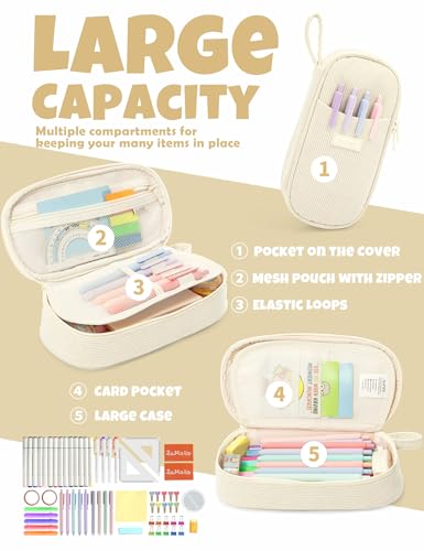 SUNEE Cute Pencil Case, Large Pencil Pouch, Aesthetic Big Pencil Bag with Zipper, Kawaii Stationery Storage and Organizer, School Supplies for Teen and Adult, Boys&Girls, Soft Corduroy Warm Beige - color: Warm Beige