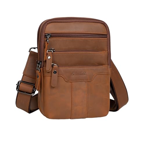 Leather Messenger Bag for Men, Small Leather Sling Shoulder Bag Messenger Pack for Men, Man Purse - color: Medium Yellowish Brown
