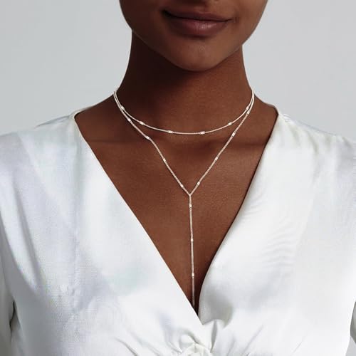 HAXIYA Lariat Gold Necklace for Women Dainty Long Necklace 14K Gold Plated/Silver Y-Shaped Pendant Drop Chain Layered Pearl/Beaded/CZ Necklaces Gold Jewelry Gift for Prom/Wedding - style: Sequin - Silver