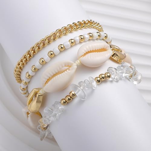Shell Bracelet Seashell Boho Beaded Stretch Bracelets for Women Summer Beach Bracelets Starfish Charm Bracelet Stackable Gold Plated Bracelets Set for Women - color: k-shell 4pcs