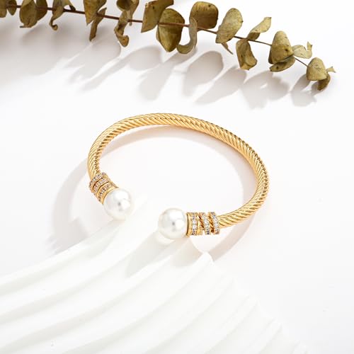 WOWORAMA Twisted Cable Wire Cuff Bracelets for Women Two Tone Gold Silver Cuff Bracelet Unisex Mixed Metal Bangle Bracelets Jewelry - color: Gold Pearl