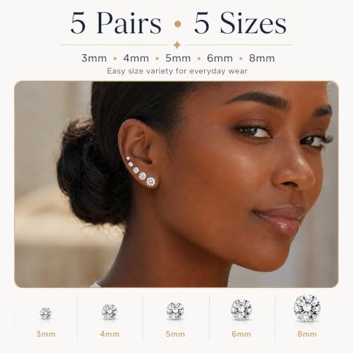 10 Pairs Small Stud Earrings for Women Precision-Cut Cubic Zirconia Earrings for Sensitive Ears Hypoallergenic Surgical Stainless Steel Tiny Stack Earrings for Multiple Piercing - color: 5 Pairs-3mm/4mm/5mm/6mm/8mm-Silver