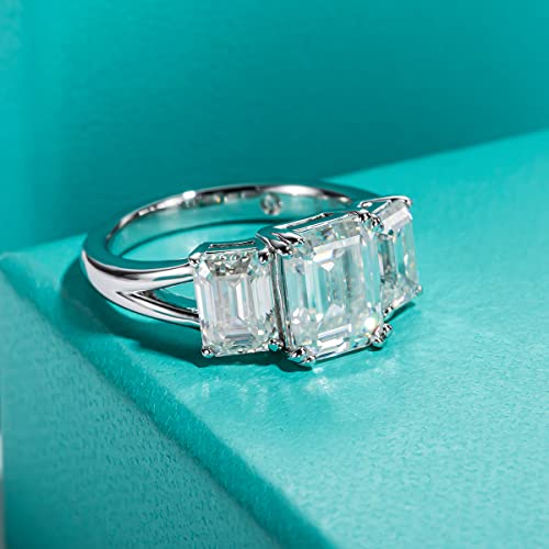 AnuClub Round/Emerald/Marquise Cut Moissanite 3 Stones Engagement Rings D Color VVS1 Round Cut 925 Sterling Silver Anniversary Wedding Promise Rings for Women - color: 5cttw Emerald Cut