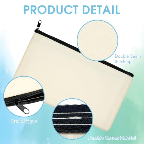 PEASUG Canvas Pencil Pouch, 12 Pack Blank Canvas Zipper Pouch Makeup Bag Bulk, Canva Pouch Cosmetic Bags with Zipper Sublimation Pencil Case Blanks for DIY Craft, Travel, Organized
