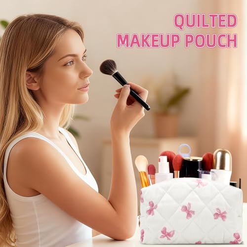 Small Makeup Bag Quilted Cosmetic Bag Floral Travel Toiletry Bags for Women Cute Pencil Case Quilted Makeup Pouch Aesthetic Coquette Cosmetic Pouch Cotton Make Up Bags Cute Zipper Pouches White - color: Ae-pink bow