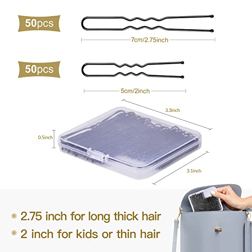 Hair Pins for Women, IKOCO 2inch and 2.75inch U Shaped Hair Pins for Buns with Storage Box, 50Pcs of each size, Black - color: Black