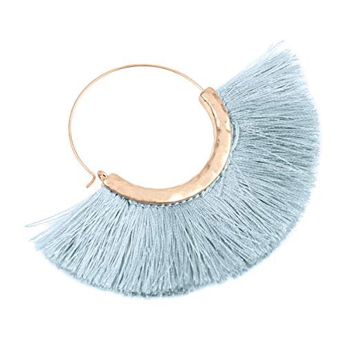 Bohemian Silky Thread Tassel Strand Fringe Statement Hoop Earrings - Lightweight Semi Circle Fan Threader, Mermaid Hoops - color: Halfmoon Tassel Hoops - Light Blue