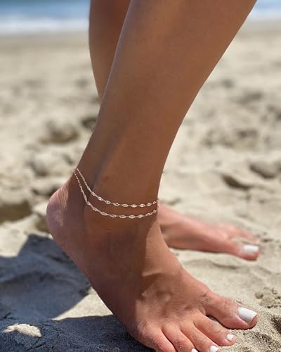 Tewiky Sterling Silver Plated Ankle Bracelets for Women,Dainty Layered Waterproof Anklet for Women Adjustable Sparkly Herringbone Beaded Rope Chain Set Stackable Cute Summer Beach Jewelry Gift - color: silver3