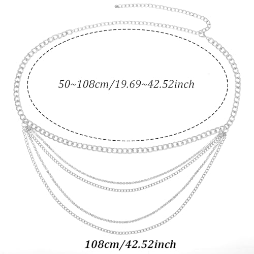 Andibro Silver Waist Chain Belt for Women, Multilayer Sparkly Rhinestones Belly Waist Belts Plus Size Waist Chain Belt
