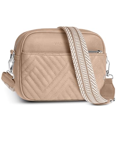 Vantamo Premium Quilted Crossbody Bags for Women with Anti-Pickpocket Clip, Vegan Leather Handbags, Travel Purses for Women - color: Stone With Jacquard Strap
