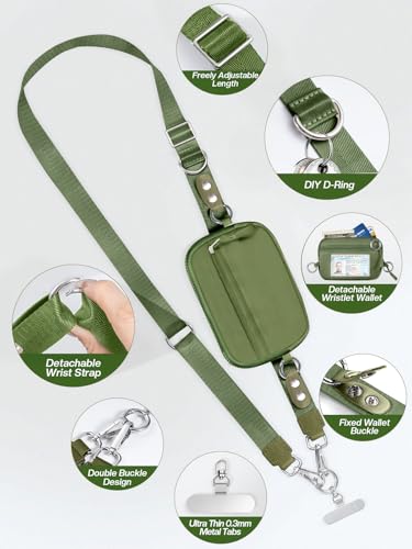 Tiostep Clip and Go Strap for Phone with Wallet Crossbody Phone Lanyard Adjustable and Detachable RFID Wristlet Wallet with ID Window and Zipper, Green - color: Green, size: Medium