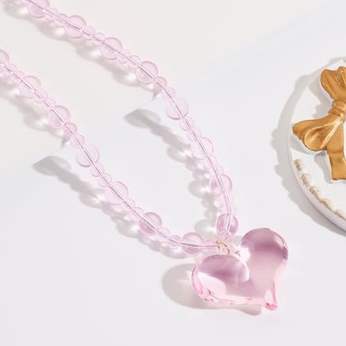 Coiris Chunky Heart Necklace for Women Statement Beaded Pendant Boho Christmas Necklace Gifts for Women - color: Pink, size: Long