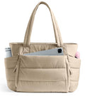 Tote Bag for Women with Zipper, Quilted Puffer Tote Bag with Compartments, Lightweight Puffy Work Bags for Women Travel - color: Desert