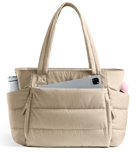 Tote Bag for Women with Zipper, Quilted Puffer Tote Bag with Compartments, Lightweight Puffy Work Bags for Women Travel - color: Desert