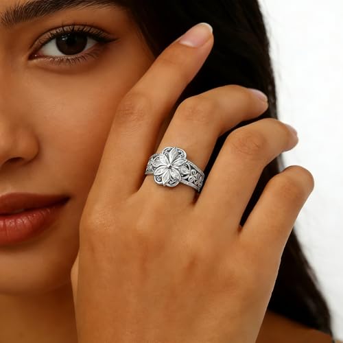 925 Sterling Silver Floral Filigree Ring for Women 14K Gold/Silver Plated,Vintage Classic Flower Statement Ring Jewelry Gifts for Her,Dainty Promise Ring for Anniversary Wedding Engagement Daily Size:6-10 - color: Silver
