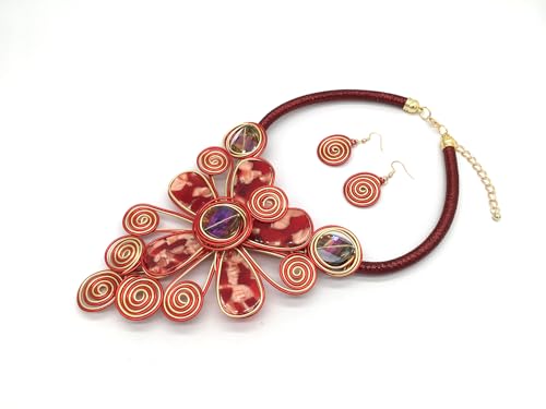 Statement African Necklace For Women African Jewelry Costume Earring Sets Tribal Fashion Colorful Big Rhinestone Crystal Pendent Collar Choker Bold Chunky Bib Handmade - color: E red