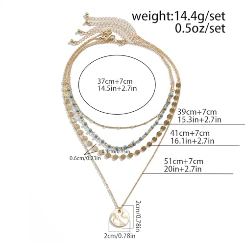Boho Layered Gold Turquoise Necklace for Women Multi Strand Western Beach Jewelry Stackable Chain with Toggle Clasp Disc Pendant Trendy Fashion Jewelry - color: Gold-2