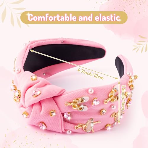 PANTIDE Ballerina Jeweled Knotted Headband - Dancing Girl Ballet Shoes Rhinestone Crystal Pearl Embellished Headband Wide Top Knot Hair Accessories Outfits Birthday Gift for Dancer Women Girl (Pink) - color: Pink Ballet