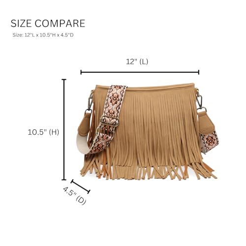 JEN & CO. Sadie Fringe Crossbody Bags for Women Vegan Suede Shoulder Purse with Adjustable Guitar Strap Boho Handbag - color: Brick