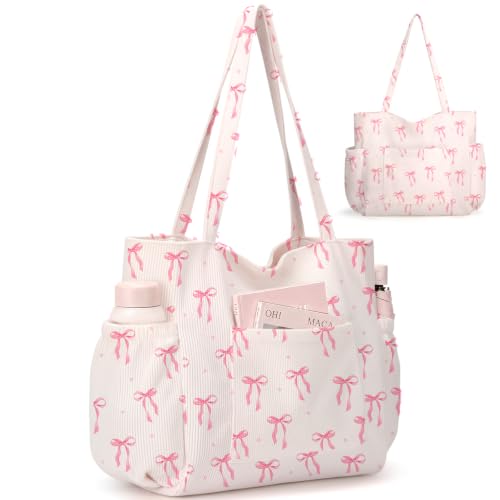 Corduroy Tote Bag for Women,Large Capacity Cute Tote Bags With 6 Pockets,Crossbody Shoulder Handbag for Work Travel Gym - color: A-watercolor Bows