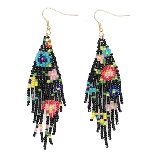 Flower Black Beaded Long Tassel Western Native American Earrings For Women Dangling - color: flower