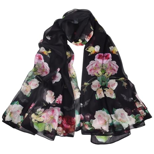 100% Mulberry Silk Women's Neck Silk Scarf-Lightweight Shawl,FLoral Print Beach Silk Wrap-Scarves for Photography - color: Black