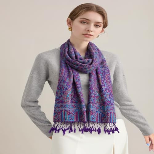 AUSEKALY Pashmina Feel Shawls Wraps for Women Rave Scarf Soft Silky Reversible Men Scarves - color: Purple Orange