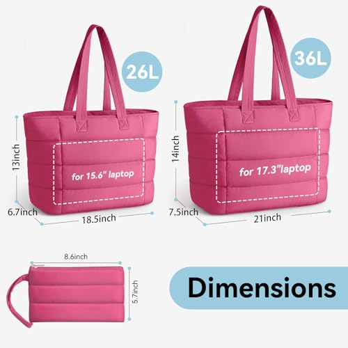 Puffer Tote Bag with Pouch, Women's Lightweight Quilted Shoulder Bag, 15.6"/17.3 Laptop Travel Weekender for Work & Nurses - color: Rose, size: Medium