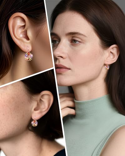 Vintage 14K Gold Plated Flower Birthstone Earrings - Hypoallergenic Leverback Floral Earrings, Trendy Jewelry Gifts for Women - color: Colored