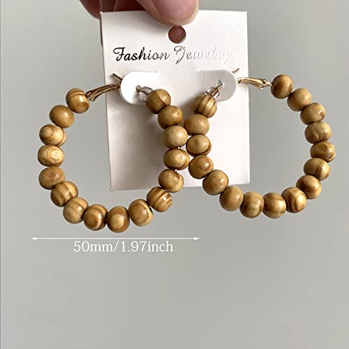 Handmade Nature Wooden Beaded Hoop Earrings Bohemian Minimalist Colorful Circle Round Wood Bead Earrings Vintage Chic Wooden Ethnic Dangle Drop Earrings for Women Statement Jewelry Gifts - color: Brown 10
