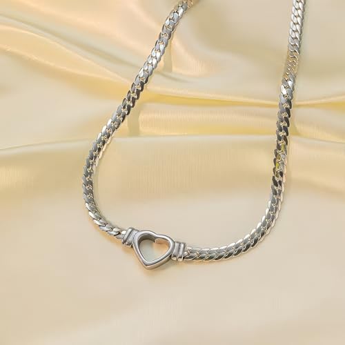 Heart Choker,Stainless Steel Necklace for Women,Chunky Heart Pendant, 40cm Length, 21.5g Weight - color: silvery