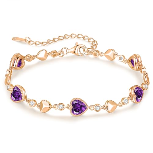 925 Sterling Silver Birthstone Heart Bracelet Jewelry Gift for Women | Rose Gold Plated Bracelets,Hypoallergenic,Adjustable Chain Personalized Anniversary Christmas Jewelry Gift for Mom Wife - color: Rose Gold-02-Feb
