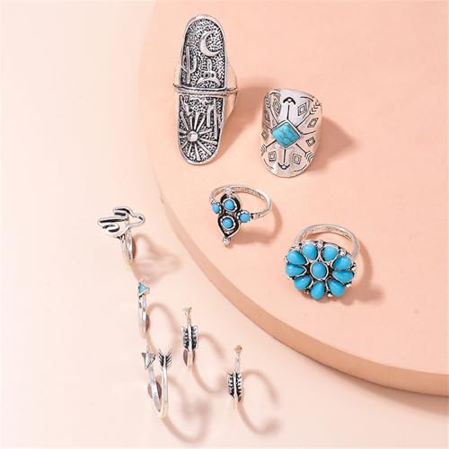 Bohemian Joint Knuckle Rings Set for Women,Vintage Boho Turquoise Stackable Rings Chunky Retro Turquoise Midi Finger Ring Statement Western Jewelry - style: Style A