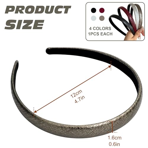 4 Pack Skinny Faux Leather Headbands for Women, Metallic Textured Thin Hair Bands, Non-Slip Lined Hard Hair Hoops, Elegant Vintage Hair Accessories for Girls Daily Wear & Party - color: Metallic Leather