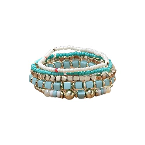 COLORFUL BLING 5Pcs/Set Bohemian Stackable Beads Bracelet for Women Multilayer Boho Seed Statement Stretch Strand Bracelet Friendship Women Jewelry - color: rose pink